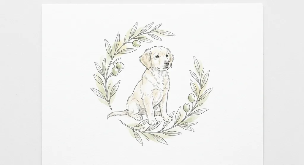 Inkspo's result for the test prompt — a fine line dog with an olive branch and a touch of watercolor