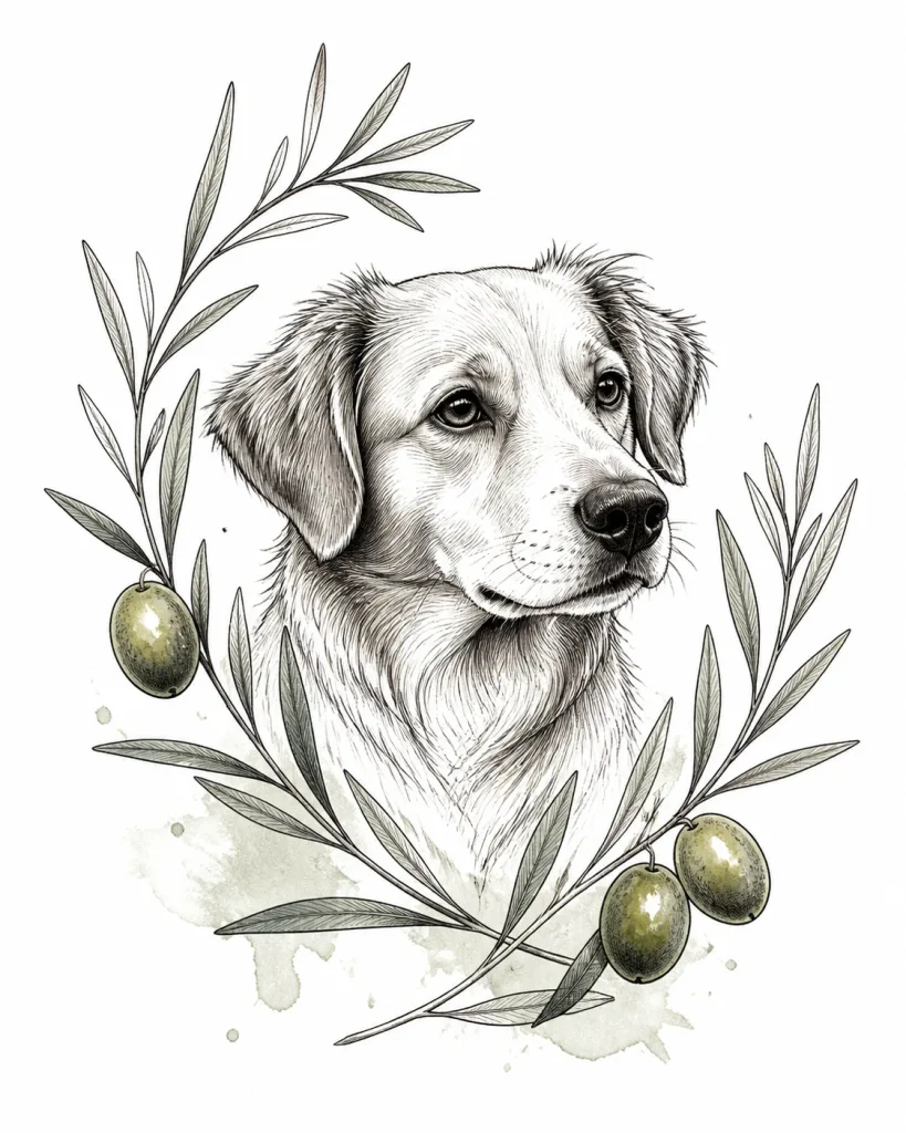 Tat.ink's result for the test prompt — a fine line dog with an olive branch