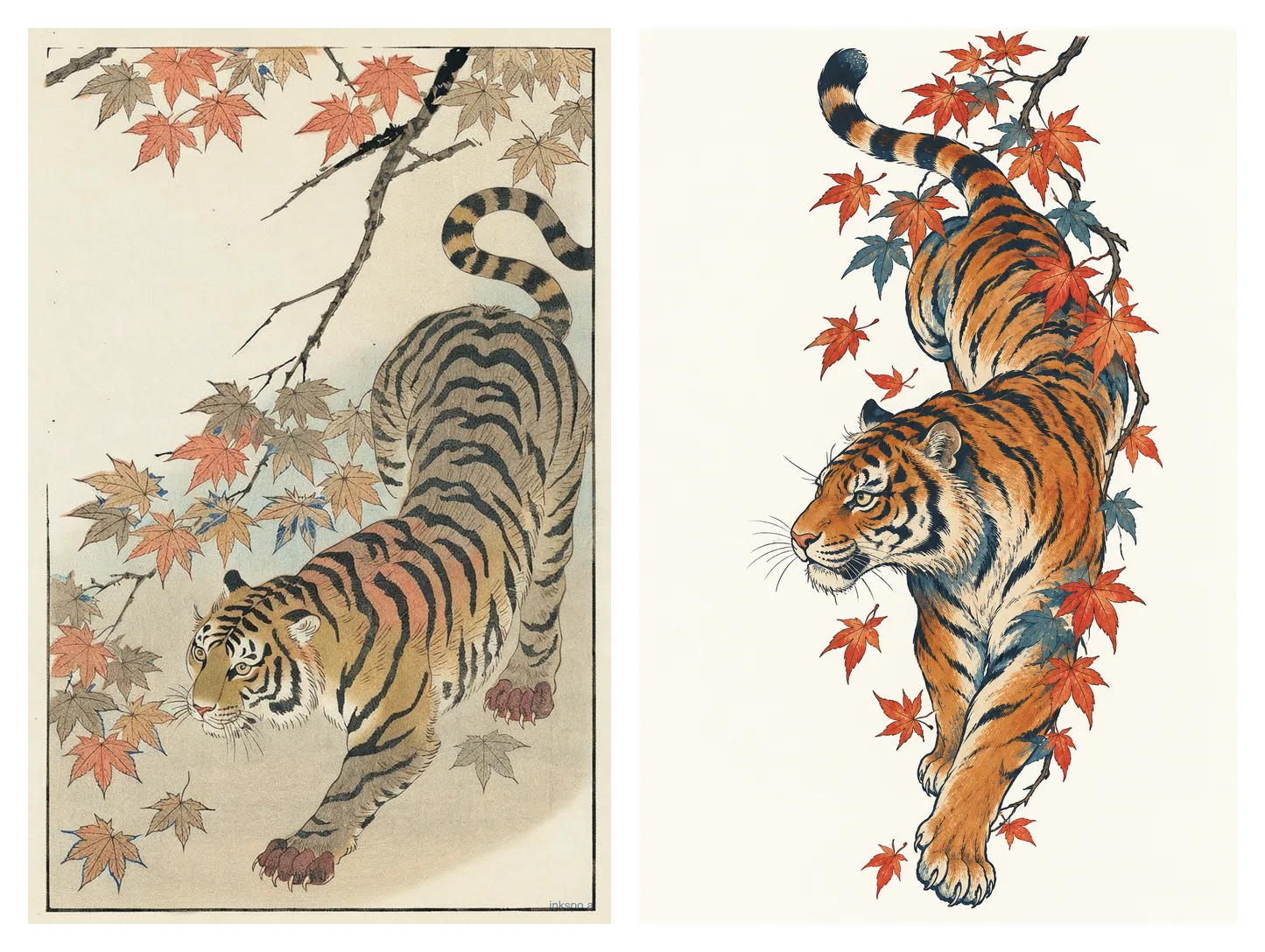 The same Ukiyo-e tiger prompt for a forearm design, generated by Inkspo on the left and ChatGPT on the right