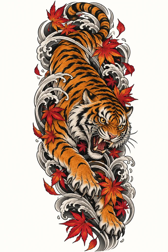 V1 tiger from the generic prompt, a Japanese style tiger with maple leaves generated by ChatGPT