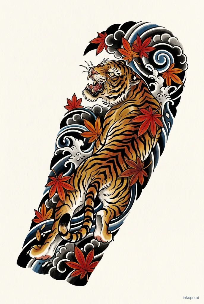 V1 tiger from the generic prompt, a Japanese style tiger with maple leaves generated by Inkspo