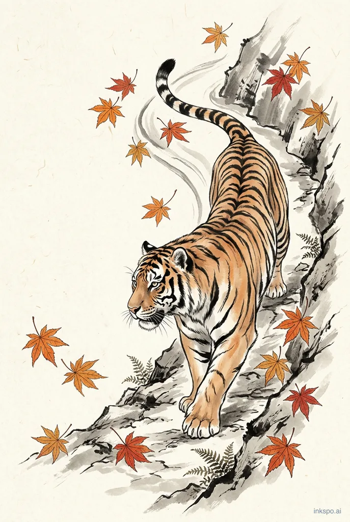 V2 tiger walking downward along a long S curve with its head turned left, generated by Inkspo
