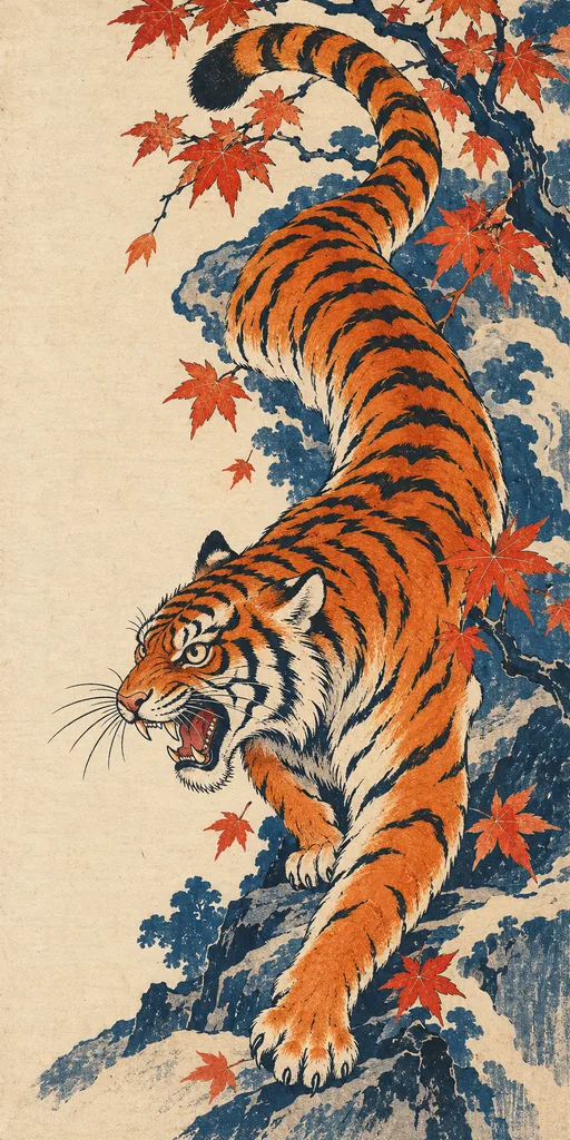 V3 tiger in Ukiyo-e woodprint style with a maple branch, flat orange and blue color, generated by ChatGPT