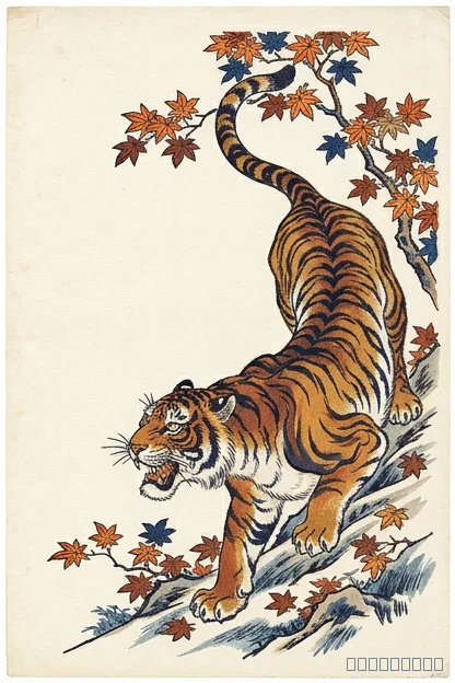 V3 tiger in Ukiyo-e woodprint style with a maple branch, generated by Inkspo without a style preset