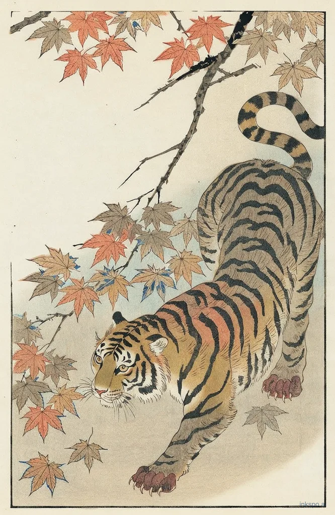 V5 Ukiyo-e tiger in a vertical forearm composition, generated by Inkspo with the Ukiyo-e and placement presets