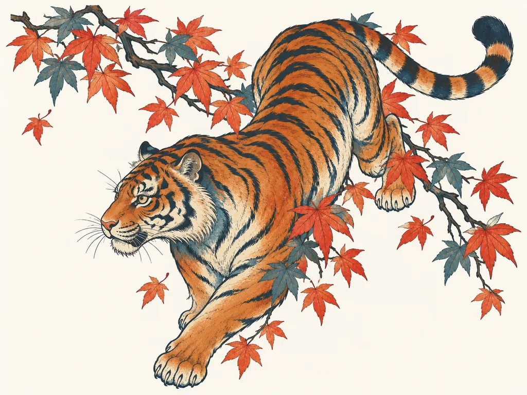 Ukiyo-e tiger redone as a horizontal chest piece, generated by ChatGPT
