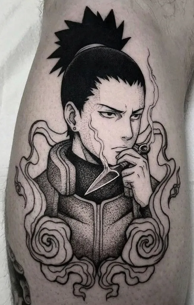 Man smoking tattoo design for men, anime style, on the calf, with a spiked ponytail and a cigarette, surrounded by smoke clouds