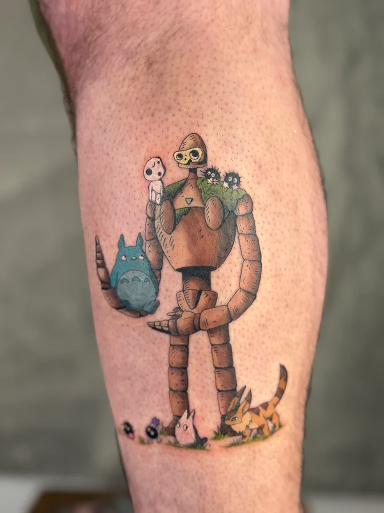 Robot tattoo design, anime style, on the calf, a fantastical scene with a variety of small, whimsical creatures