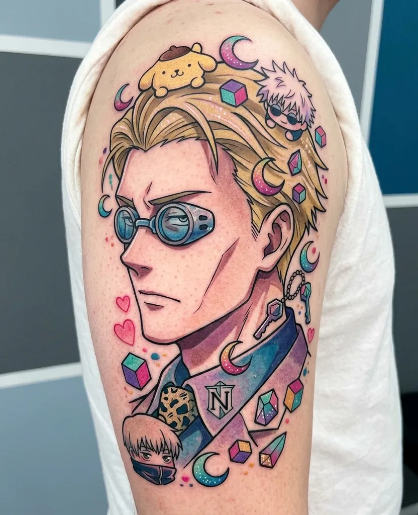 Mans face tattoo design for women, anime style, on the calf, with glasses and blond hair, surrounded by moons and geometric shapes