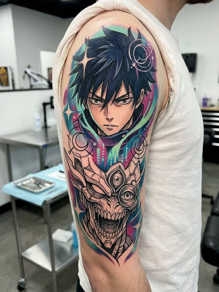 Man monster tattoo design for men, anime style, on the forearm, with a dark-haired man above a screaming monster, surrounded by bright colors and stars