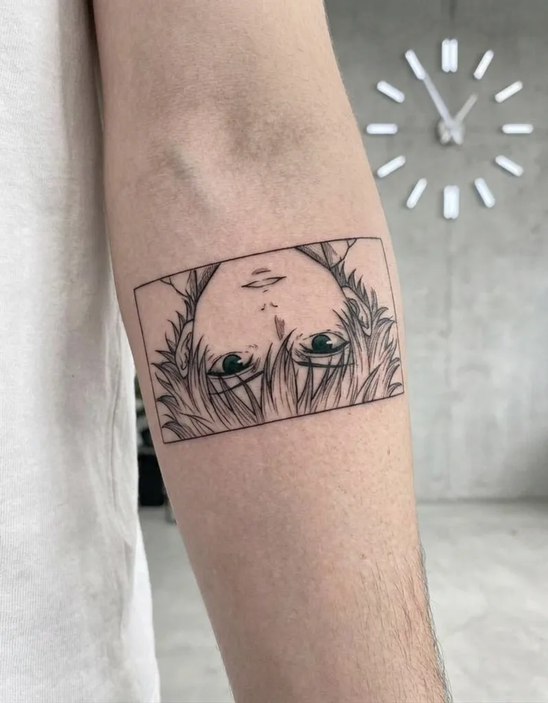 Manga panel tattoo design for men, anime style, on the forearm, of a young man's face, with bright green eyes and spiky hair