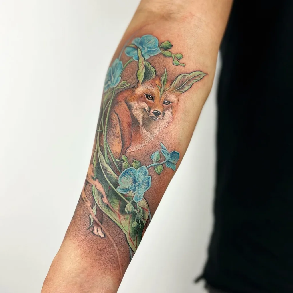 Fox tattoo design, anime style, on the forearm, peeking through blue orchids and green foliage, with a stippled background