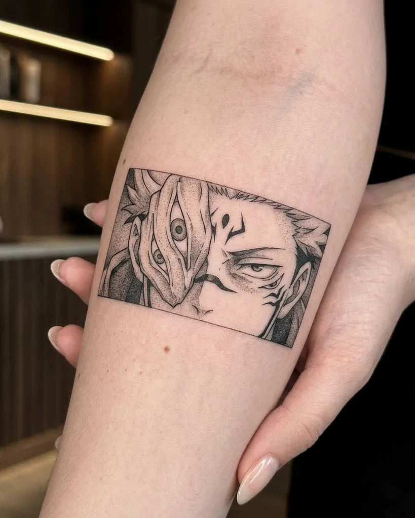 Demon face tattoo design for women, anime style, on the forearm, depicting a split face, one half human with sharp eyes and tribal marks, the other half demonic with multiple eyes, enclosed in a rectangular frame