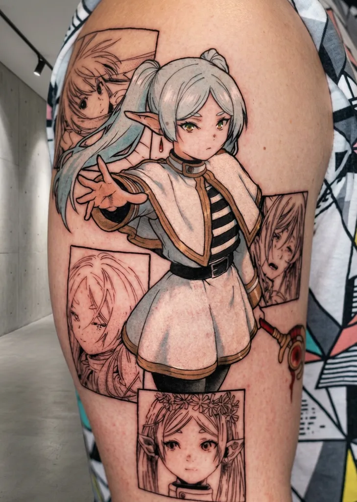 Manga character tattoo design for women, anime style, on the thigh, with four black and white panel inserts, wearing a white and gold tunic, and light blue hair