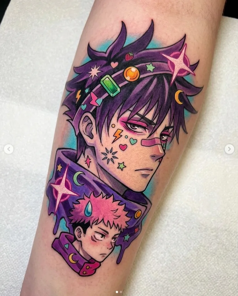 Two faces tattoo design for women, anime style, on the thigh, one large face with purple hair and colorful makeup, with a smaller face beneath it