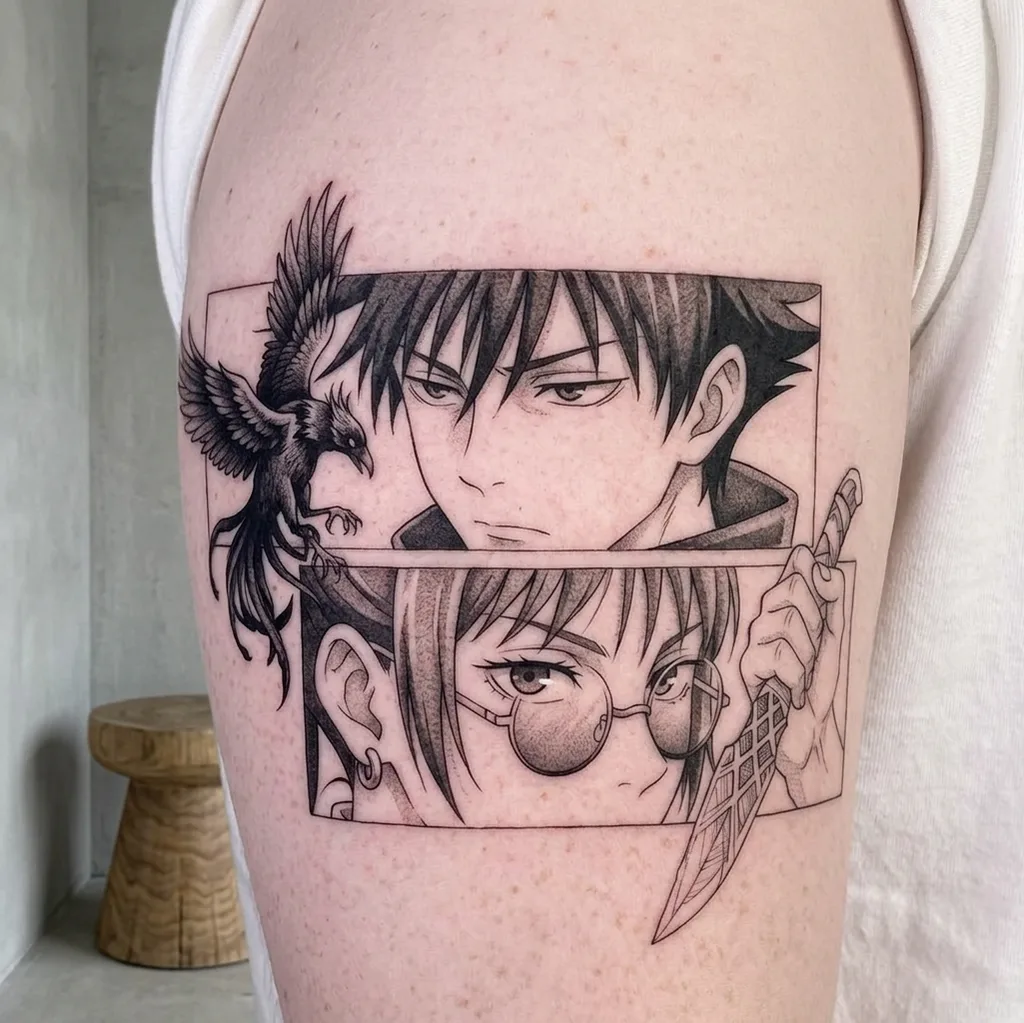 Manga character tattoo design for men, anime style, on the upper arm, in two panels, with a bird and a person holding a knife, in black and grey