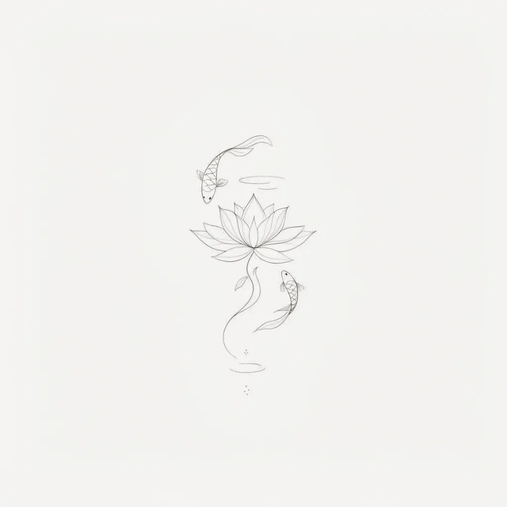 artist-fineline-minimal-medium-unisex-koi-01a Koi tattoo design, artist tuned fineline minimal style, medium size, two black outline koi fish swim around a delicate black outline lotus flower on a stem, with ripples in black.