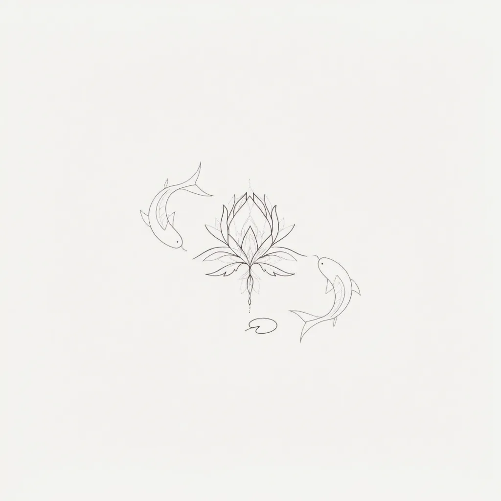 artist-fineline-minimal-medium-unisex-koi-01b Koi tattoo design, artist tuned fineline minimal style, medium size, a symmetrical lotus blossom with two black koi fish swimming around it and a water lily pad below, rendered in black outline.