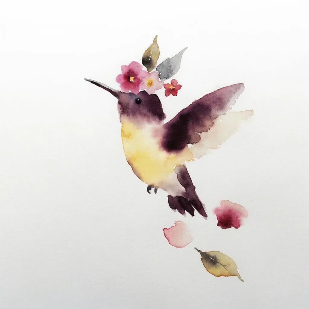 artist-watercolor-medium-unisex-hummingbird-01a Hummingbird tattoo design, artist tuned watercolor style, medium size, a purple and yellow hummingbird flies with pink and yellow flowers and green leaves on its head, with petals and a leaf falling below.