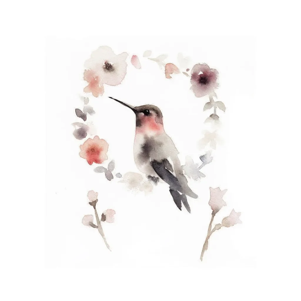 artist-watercolor-medium-unisex-hummingbird-01b Hummingbird tattoo design, artist tuned watercolor style, medium size, a grey hummingbird with a pink throat, perched, surrounded by a wreath of pink and purple flowers and buds.