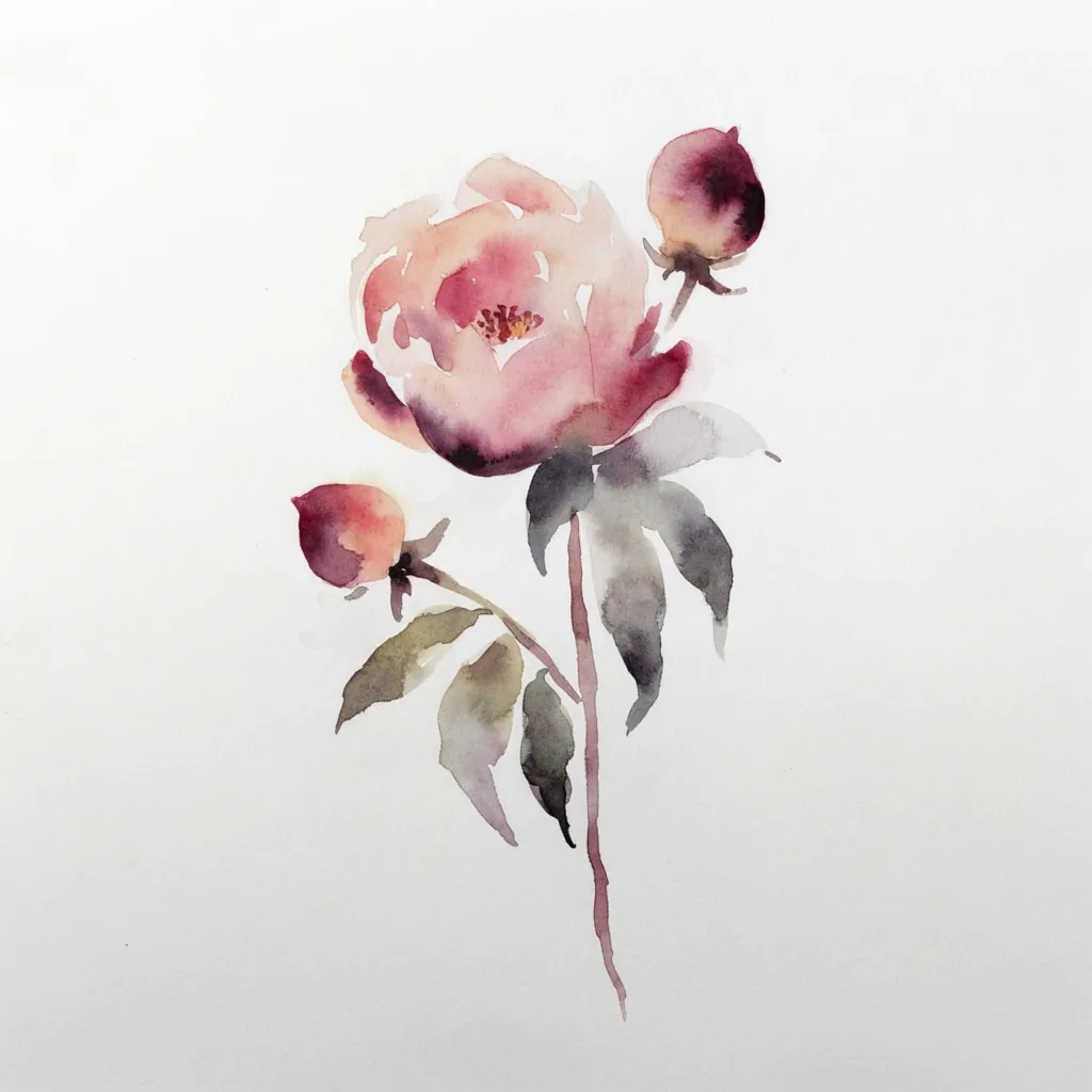 artist-watercolor-medium-unisex-peony-01a Peony tattoo design, artist tuned watercolor style, medium size, a pink peony in bloom with three buds, one at the top right and two at the bottom left, with green leaves, on a stem.