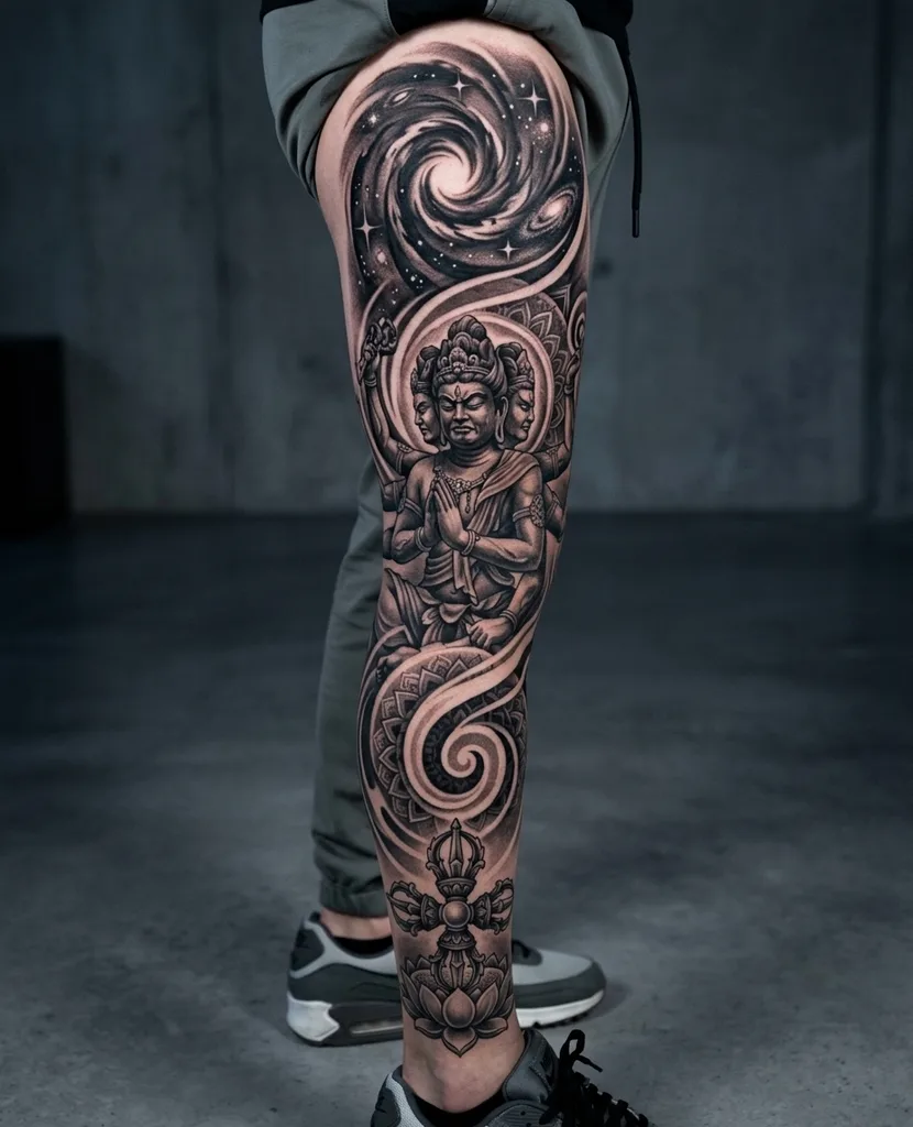 Buddha tattoo design for men, black and grey style, on the full sleeve, with a multi-faced buddha, a galaxy swirl, and a lotus flower