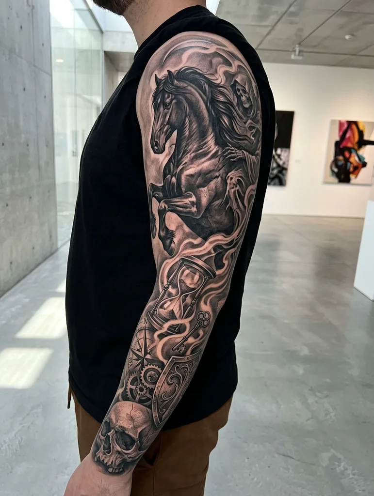 Horse tattoo design for men, black and grey style, on the full sleeve, with a reaper figure and hourglass, filling the entire arm