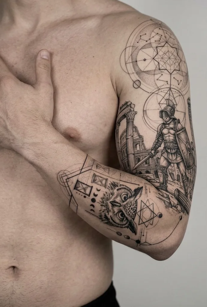 Gladiator tattoo design for men, black and grey style, on the half sleeve, with an owl and geometric shapes on the lower arm