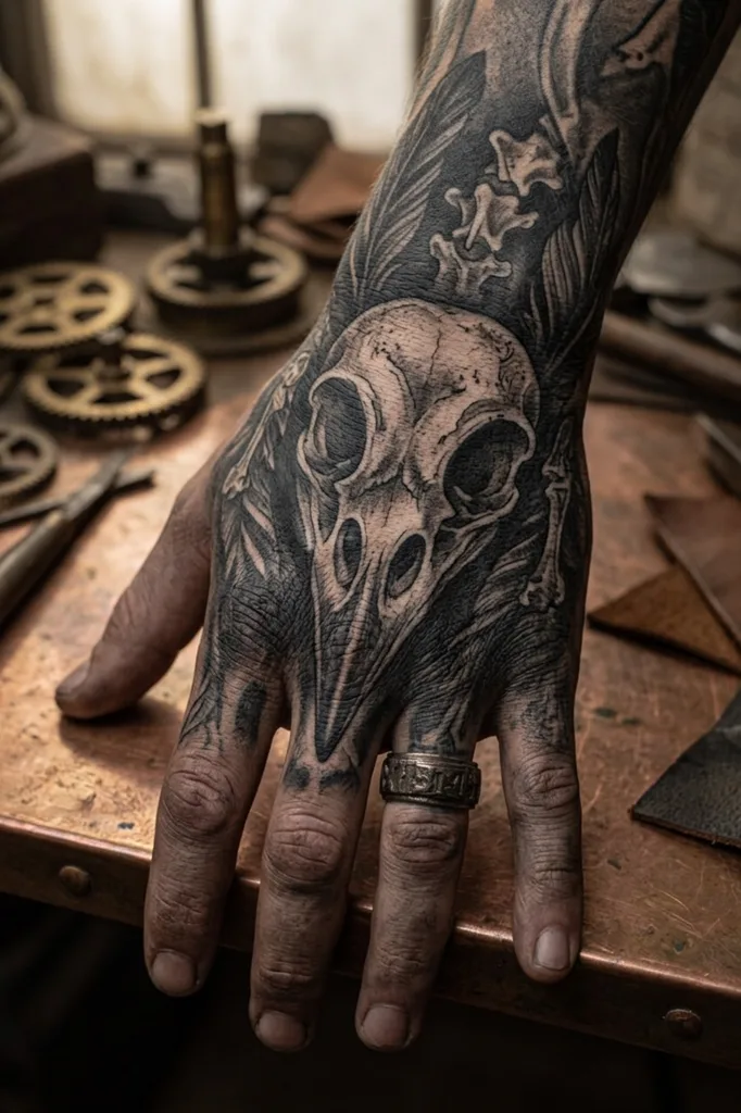 Bird skull tattoo design for men, black and grey style, on the hand, with bones and feathers, extending onto the fingers in dark black and grey shades