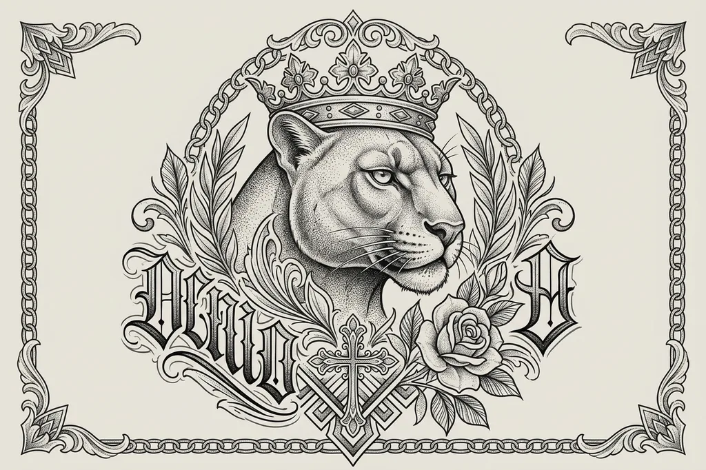 black-and-grey-large-unisex-lioness-12a Lioness tattoo design, black and grey style, large size for the back, chest or thigh, with a crown and ornate lettering, framed by chains and filigree