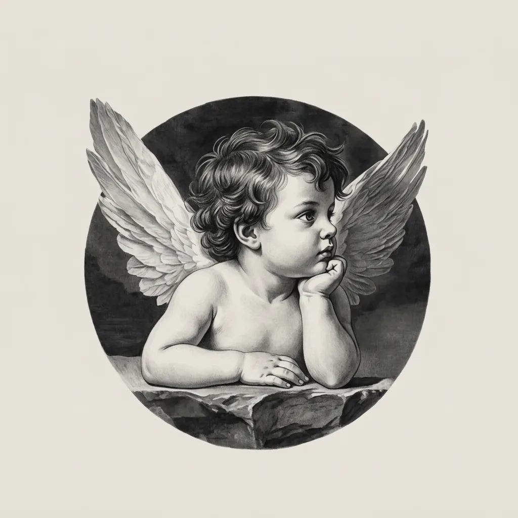 black-and-grey-medium-unisex-cherub-03a Cherub tattoo design, black and grey style, medium size for the calf, thigh or forearm, with curled hair, resting its chin on its hand, and large feathered wings