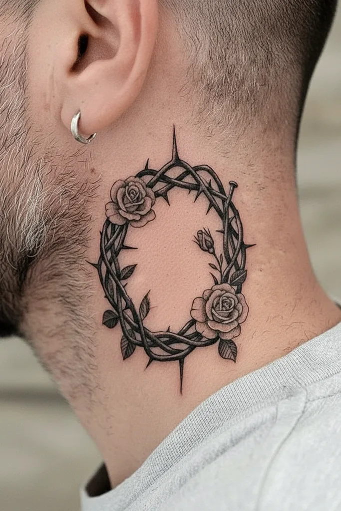 Crown of thorns tattoo design for men, black and grey style, on the neck, with roses and leaves forming a circular wreath