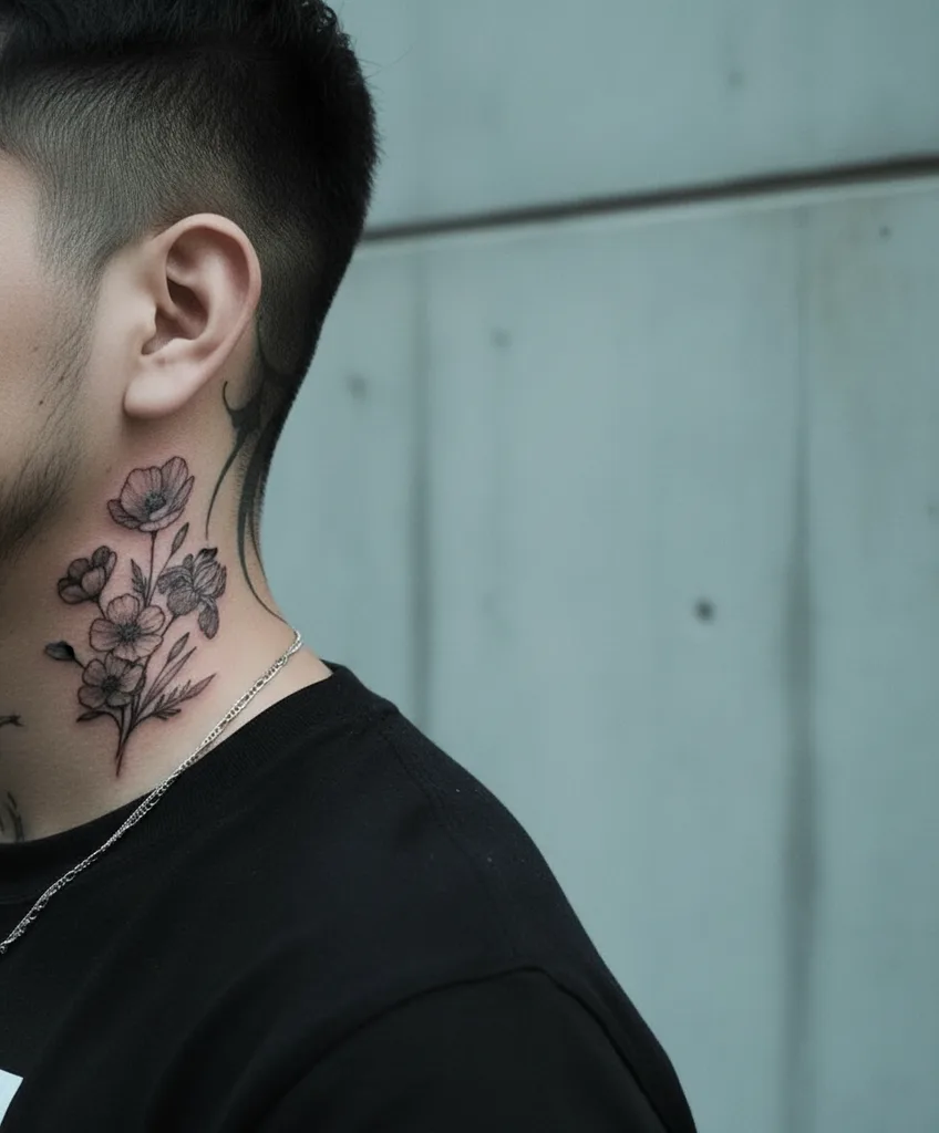 Poppy flowers tattoo design for men, black and grey style, on the neck, a sprig of poppies with some open and some closed flowers fine-line work