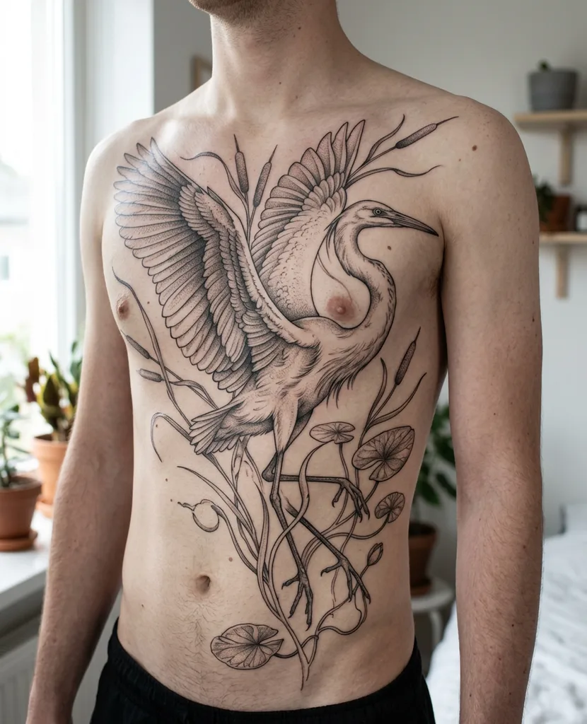 Crane tattoo design for men, black and grey style, on the sternum, with widespread wings among cattails and lily pads, in black and grey