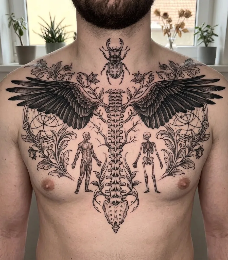 Human spine tattoo design for men, black and grey style, on the sternum, with anatomical figures and wings on a man's chest