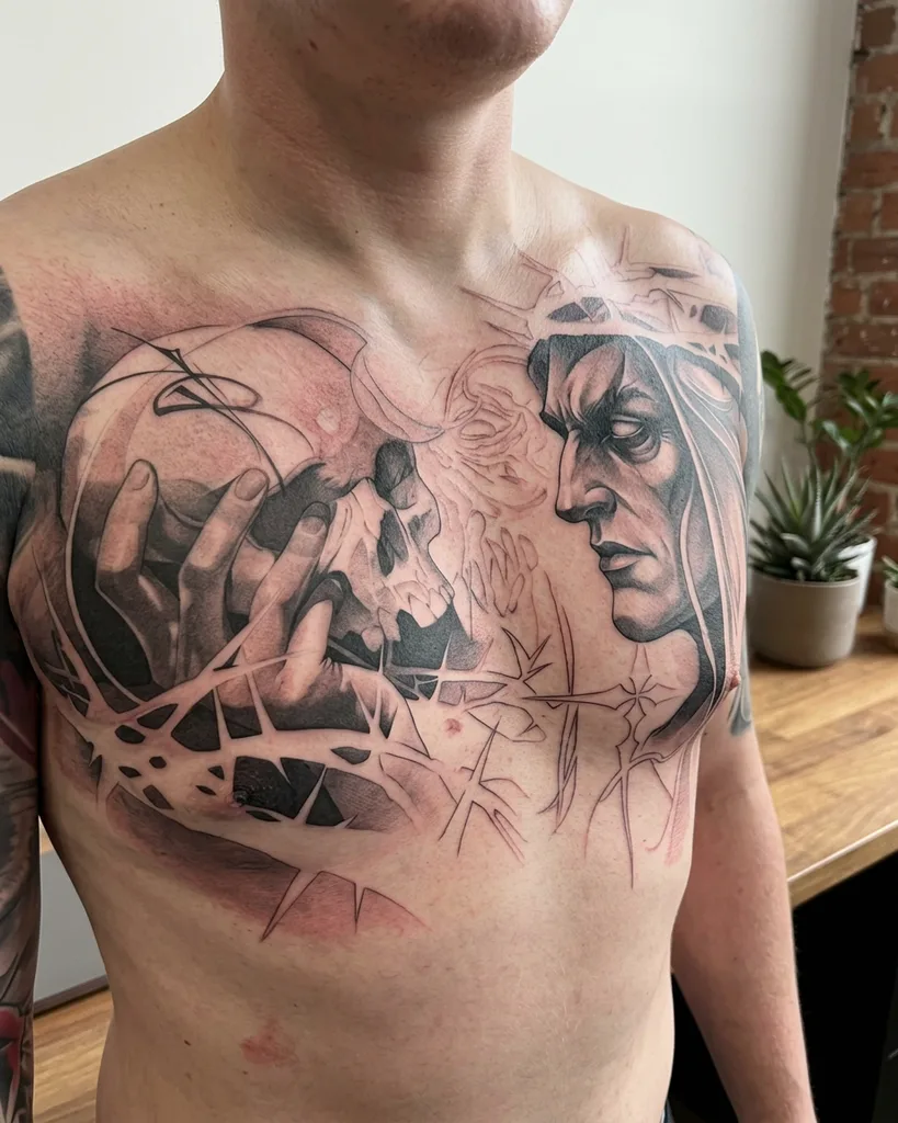 Man skull tattoo design for men, black and grey style, on the sternum, with a dark haired man in profile and a hand holding a skull, surrounded by abstract dark and light patterns