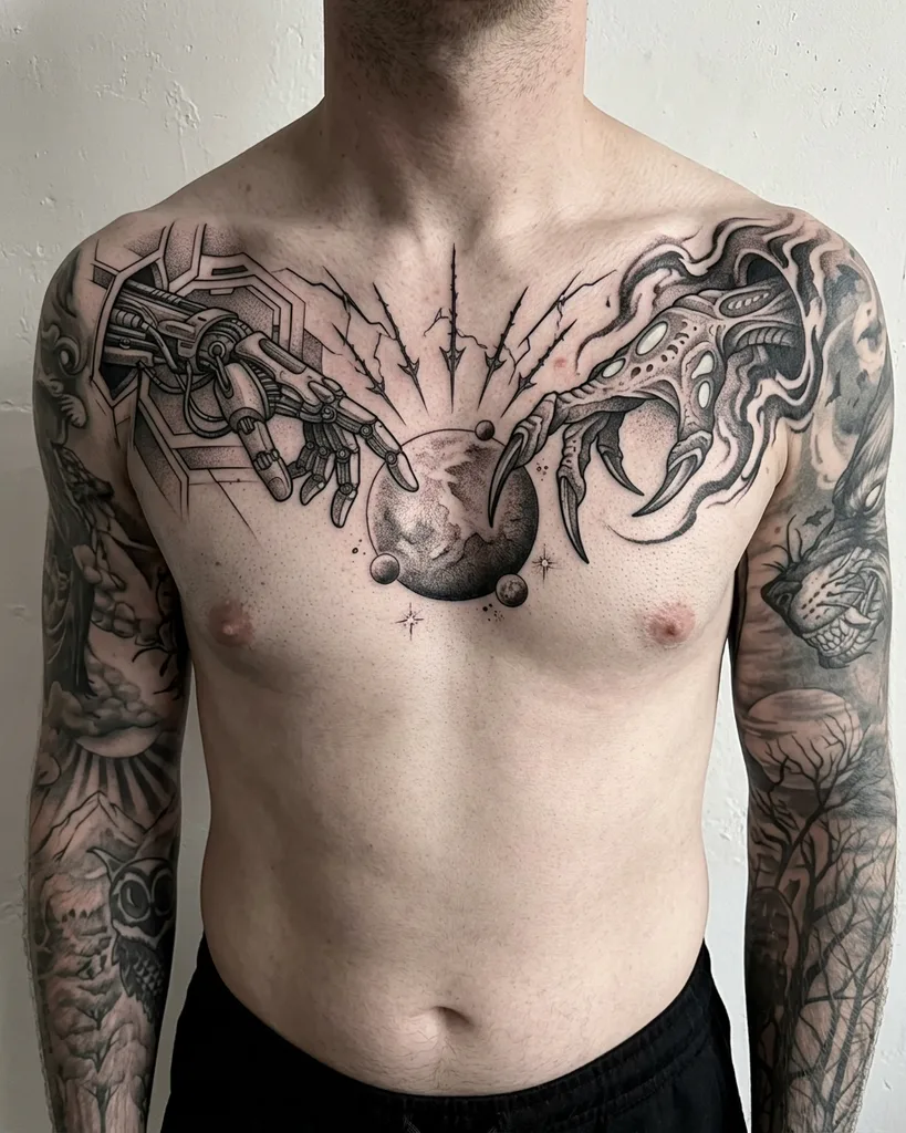 Robot hand tattoo design for men, black and grey style, on the sternum, reaching for a planet, with a demonic hand emerging from a portal