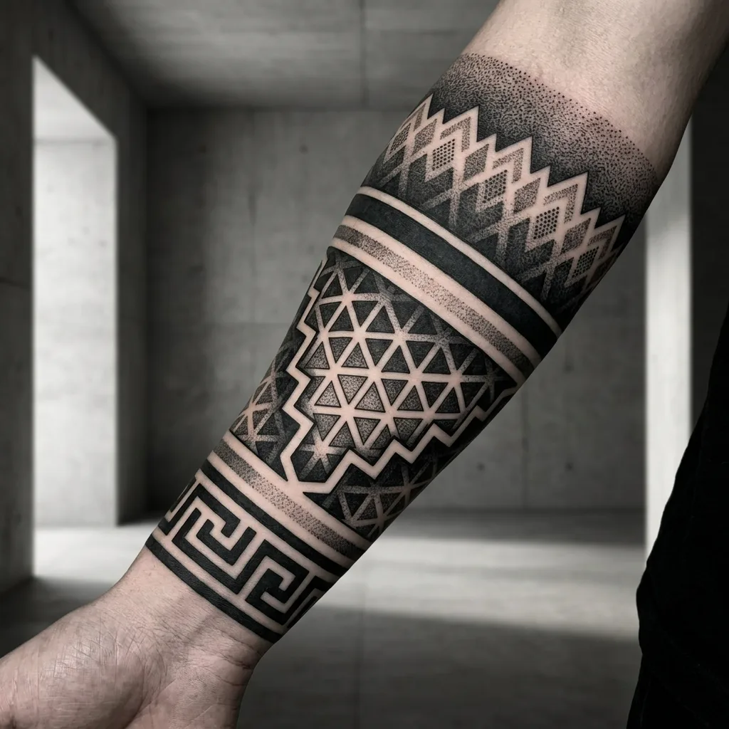 Geometric patterns tattoo design for men, blackwork style, on the forearm, with abstract shapes and black bands, featuring a dotwork shading gradient on the inner arm
