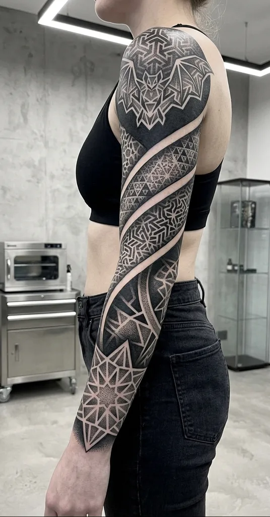 Bat tattoo design for women, blackwork style, on the full sleeve, with a geometric bat on the shoulder and abstract patterns spiraling down the arm in black and gray