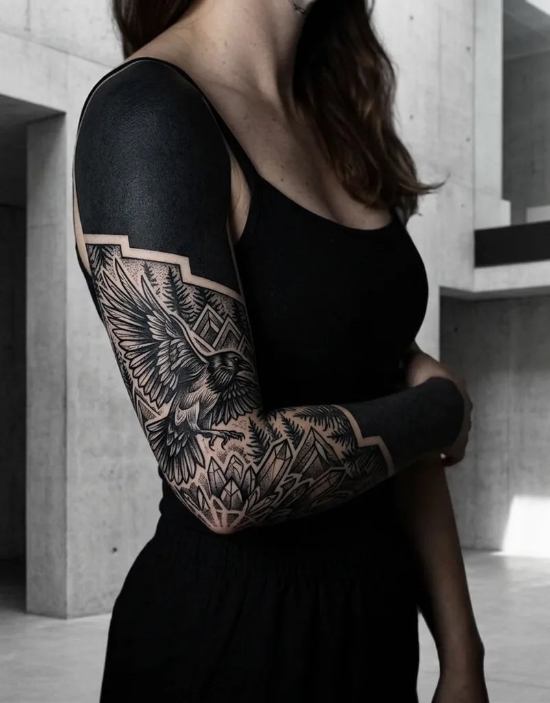 Raven tattoo design for women, blackwork style, on the full sleeve, flying over mountain landscape with geometric patterns
