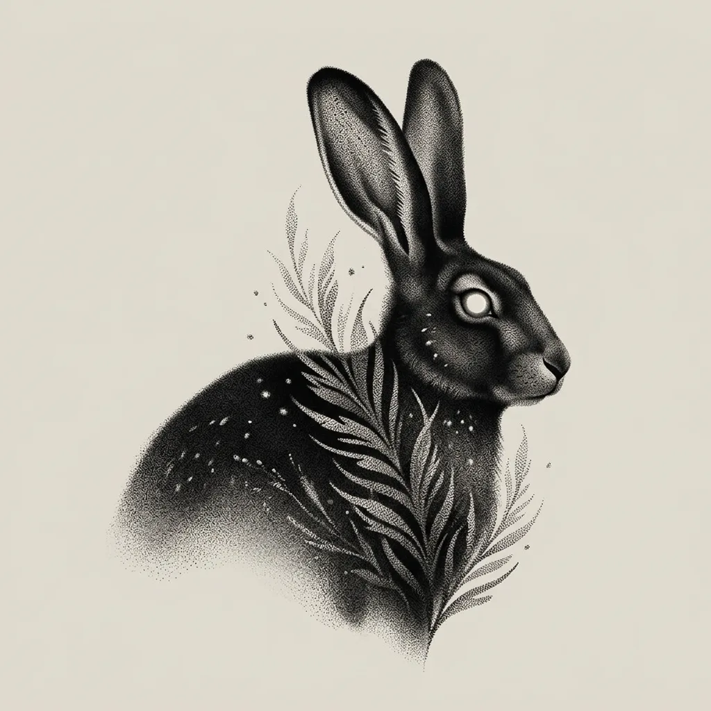 blackwork-medium-unisex-hare-06a Hare tattoo design, blackwork style, medium size for the forearm, calf or thigh, profile view of a black hare with glowing eyes and white markings, surrounded by leafy branches and tiny dots
