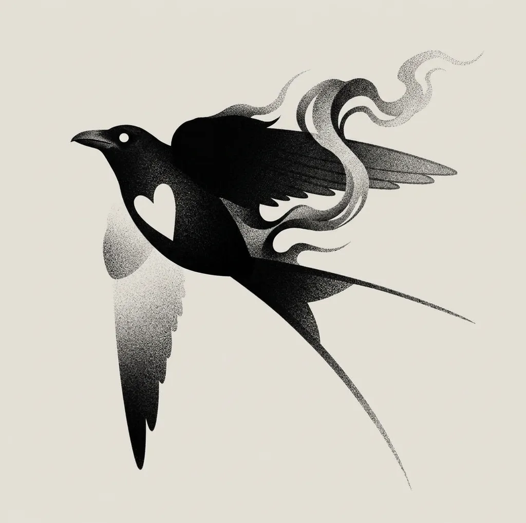blackwork-medium-unisex-swallow-04a Swallow tattoo design, blackwork style, medium size for the forearm, calf or thigh, flying with one wing light and one wing dark, with a heart shape on its chest
