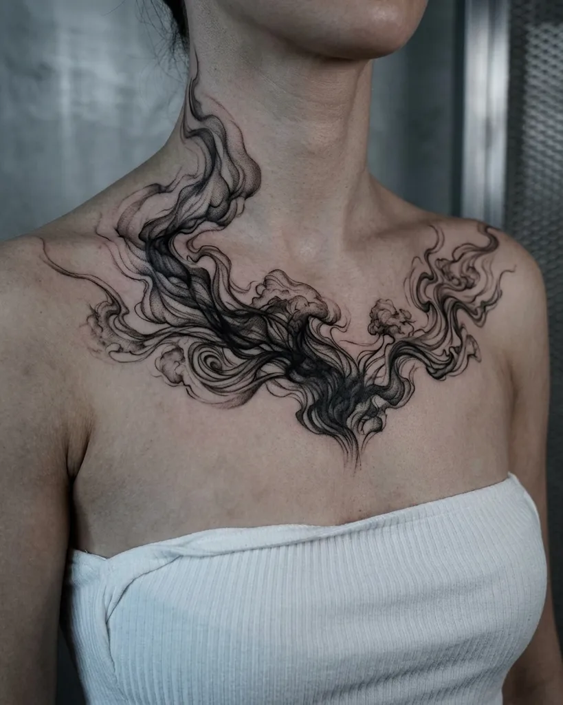 Smoke tattoo design for women, blackwork style, on the neck, swirling smoke and clouds across the shoulders and upper chest