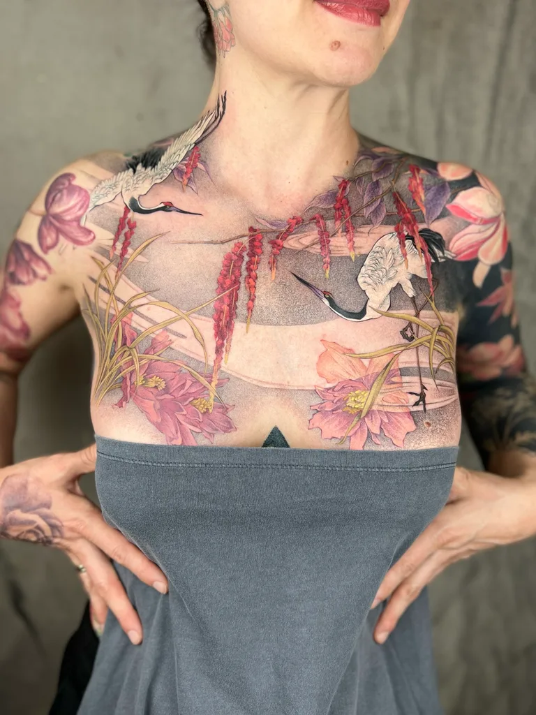 Cranes lotus tattoo design for women, Chinese brush painting style, on the chest, with pink flowers and red hanging foliage over a soft landscape