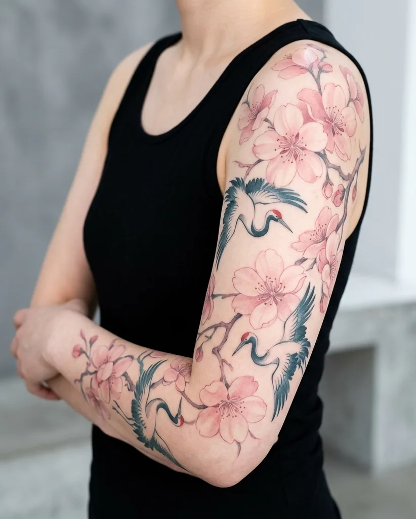 Cherry blossoms tattoo design for women, Chinese brush painting style, on the half sleeve, with two cranes flying amongst the pink blooms