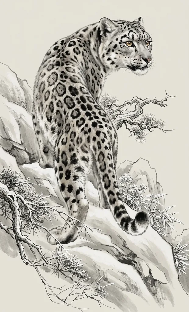 chinese-brush-painting-large-unisex-leopard-07a Leopard tattoo design, Chinese brush painting style, large size for the back, full sleeve or thigh, looking over its shoulder from a rocky outcrop with sparse pine branches