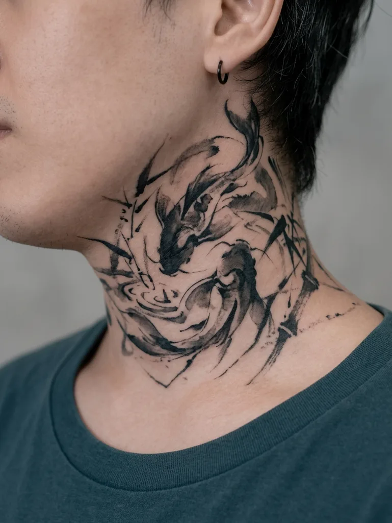 Koi fish tattoo design for men, Chinese brush painting style, on the neck, swirling around the throat with bamboo stalks in black and gray washes