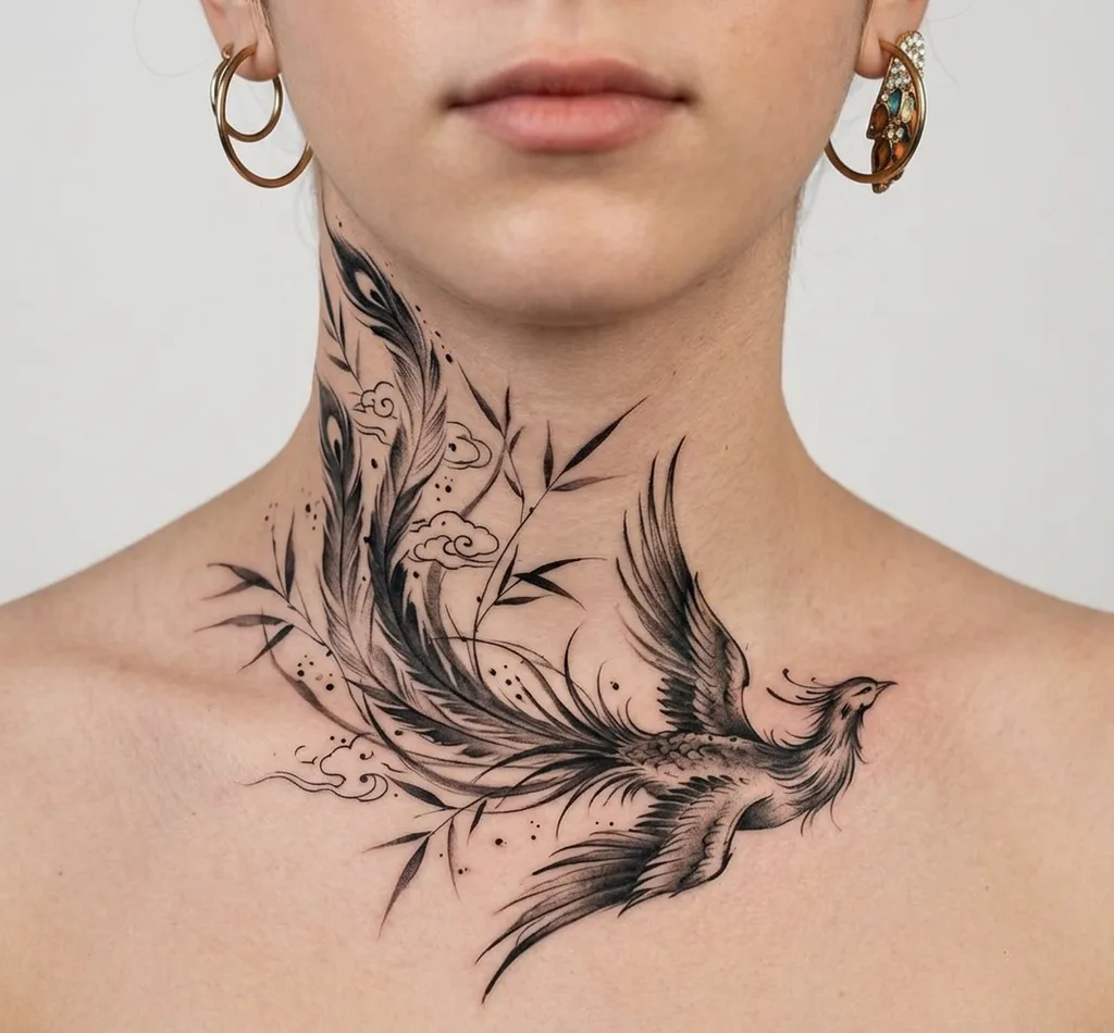 Phoenix tattoo design for women, Chinese brush painting style, on the neck, flying across the collarbone, with bamboo leaves and clouds