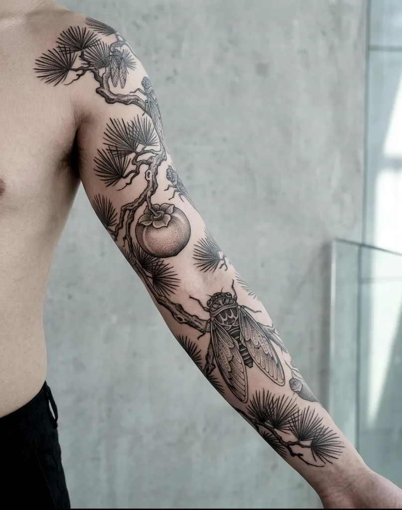 Pine tree tattoo design for men, Chinese traditional style, on the full sleeve, with a large cicada and persimmon fruit on a curving branch