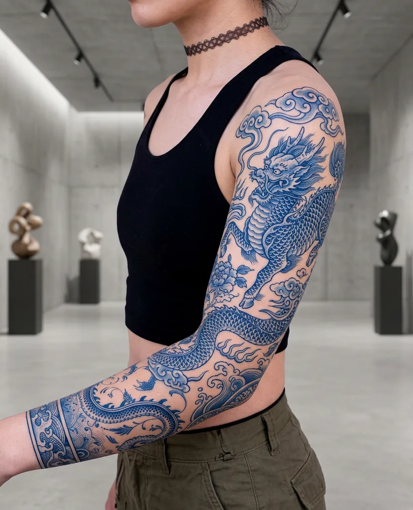 Dragon tattoo design for women, Chinese traditional style, on the full sleeve, in light blue, with clouds and waves around it